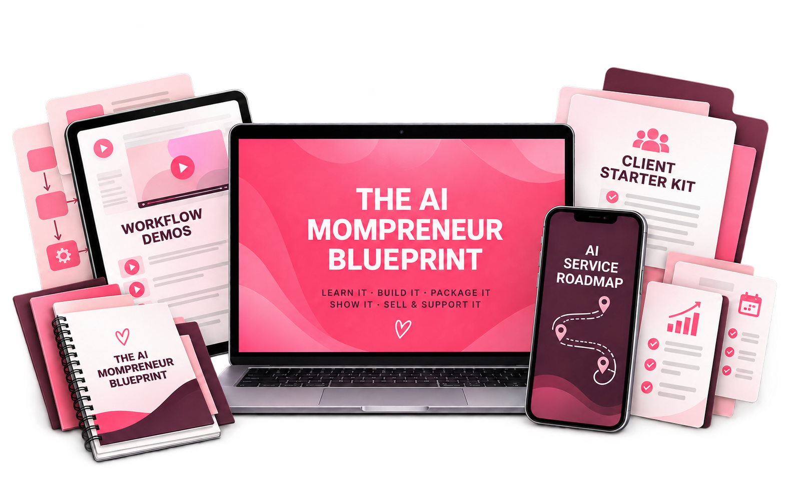 The AI Mompreneur Blueprint digital programme, workflow demonstrations, AI service roadmap and client starter resources