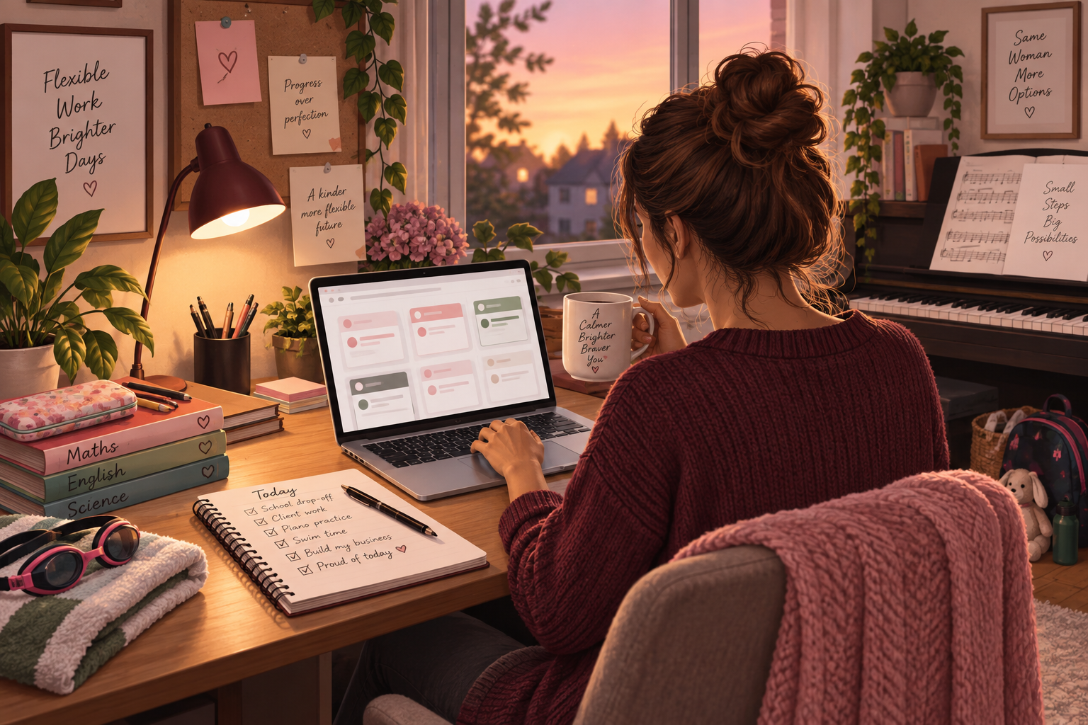 Illustration of a mother building an AI service business from a flexible home workspace